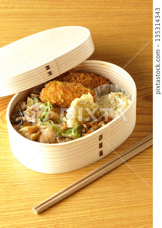 Mushroom rice and fried oyster bento 135314343