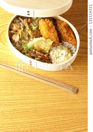 Mushroom rice and fried oyster bento Mushroom rice and fried oyster bento 135314351