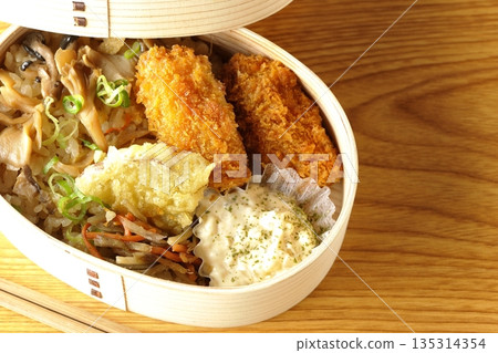 Mushroom rice and fried oyster bento Mushroom rice and fried oyster bento 135314354