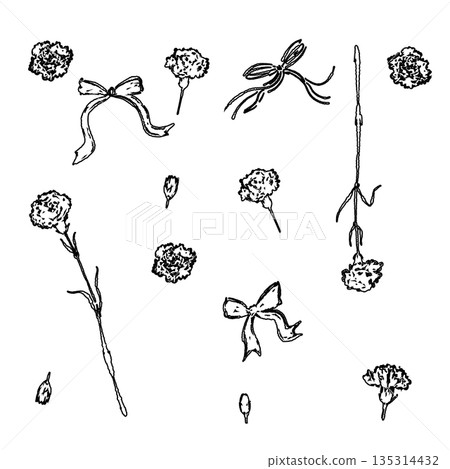 母親節康乃馨手繪線條插圖材料(邊框、花環、花束等) 母親節康乃馨手繪線條插圖材料(邊框、花環、花束等) 135314432