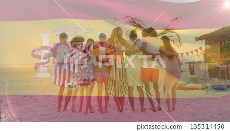 Standing friends linking arms on beach, with thatched-roof hut bunting palm fronds cushions cooler Standing friends linking arms on beach, with thatched-roof hut bunting palm fronds cushions cooler 135314450