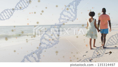 Walking couple in beach clothes holding hands along sandy beach, with DNA helix and golden sparkles Walking couple in beach clothes holding hands along sandy beach, with DNA helix and golden sparkles 135314497