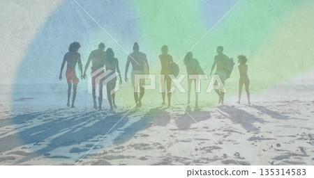 Walking group of eight surfers in swimwear, carrying surfboards toward ocean on sunlit beach Walking group of eight surfers in swimwear, carrying surfboards toward ocean on sunlit beach 135314583