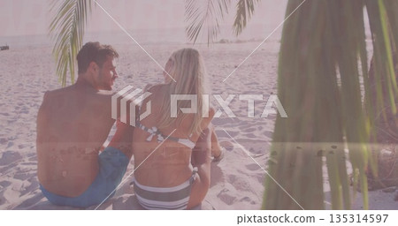 Relaxing adult couple wearing swimwear sitting on beach at sunset, with palm fronds and ocean waves 135314597