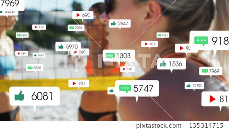 Woman in dark bikini playing beach volleyball at sandy court, with yellow net, social media icons Woman in dark bikini playing beach volleyball at sandy court, with yellow net, social media icons 135314715