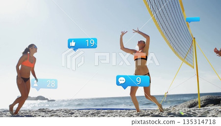 Leaping volleyball player in neon sports bikini spiking ball over net by ocean, with social icons 135314718