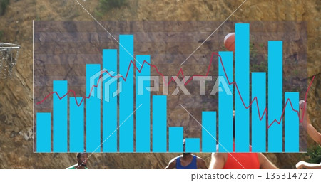 Six men playing basketball on court at rock hill, semi-transparent bar chart, red line overlay Six men playing basketball on court at rock hill, semi-transparent bar chart, red line overlay 135314727