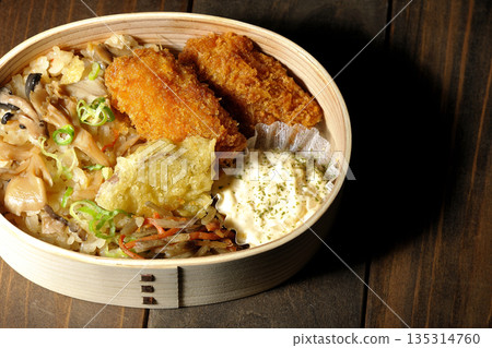 Mushroom rice and fried oyster bento Mushroom rice and fried oyster bento 135314760