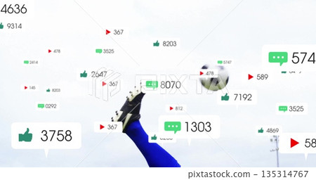 Male soccer player in blue sportswear black cleat kicking soccer ball on sports field, with icons Male soccer player in blue sportswear black cleat kicking soccer ball on sports field, with icons 135314767