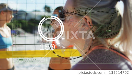 Training female athletes sprinting to volleyball net on beach court in sportswear, with AR overlay Training female athletes sprinting to volleyball net on beach court in sportswear, with AR overlay 135314792
