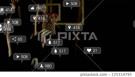Taking jump shot silhouette wearing jersey and shorts on gym court, with hoop and social icons Taking jump shot silhouette wearing jersey and shorts on gym court, with hoop and social icons 135314795