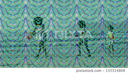 Standing family trio on wooden floor in gallery, showing neon geometric pattern on draped backdrop Standing family trio on wooden floor in gallery, showing neon geometric pattern on draped backdrop 135314809