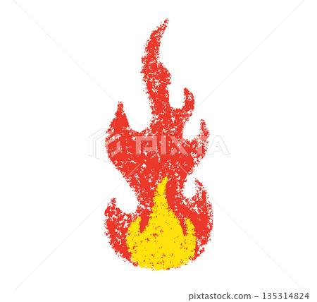 Doodle fire in crayon style. Hand drawn flame with grunge texture. Graphic element for fun collage, sticker. Crayon doodle red and yellow fire. Vector pencil illustration isolated on black background Doodle fire in crayon style. Hand drawn flame with grunge texture. Graphic element for fun collage, sticker. Crayon doodle red and yellow fire. Vector pencil illustration isolated on black background 135314824