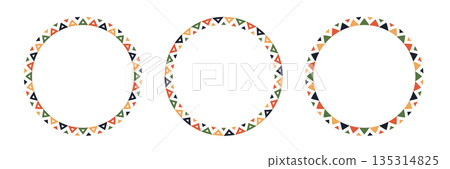 Mexican pattern circle frame. African ethnic motif border. Aztec triangular ornament round frame. Mexican text frame. African ethnic culture ornament. Vector illustration isolated on white background Mexican pattern circle frame. African ethnic motif border. Aztec triangular ornament round frame. Mexican text frame. African ethnic culture ornament. Vector illustration isolated on white background 135314825
