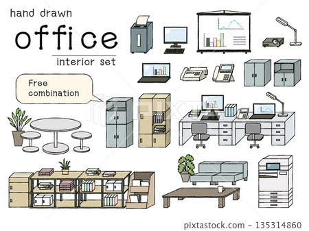 A set of rearrangeable line drawing office interior illustrations 135314860