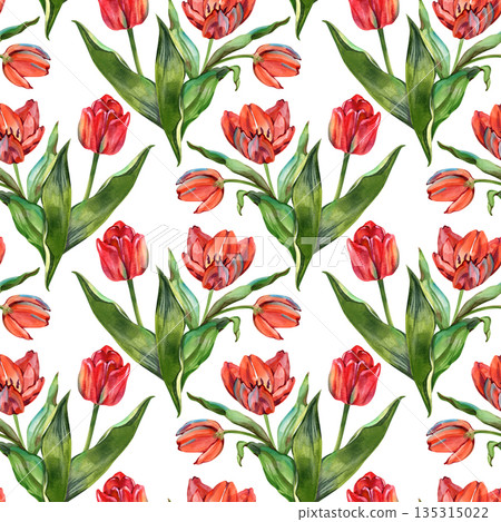 High-quality watercolor seamless pattern with red tulips and green foliage. This botanical print is designed for summer fashion, apparel, and home textile industries, offering a fresh, hand-drawn 135315022