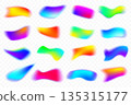 Blurry gradient colored shapes on white background. Fluid liquid mesh vector elements with holographic effect. Soft aura gradation wavy graphic. Bright iridescent organic bubbles 135315177