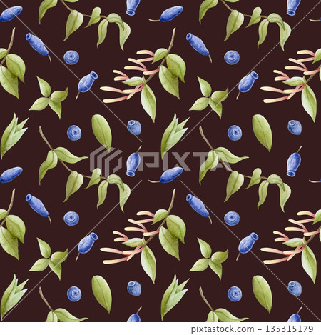 Blue honeysuckle berries with blooming branches watercolor seamless pattern on dark brown. Hand drawn realistic garden plant with flowers blossom for summer backgrounds and fabrics Blue honeysuckle berries with blooming branches watercolor seamless pattern on dark brown. Hand drawn realistic garden plant with flowers blossom for summer backgrounds and fabrics 135315179