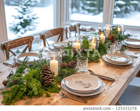 Festive winter holiday dining table setting with glowing candles greenery and pinecones prepared for a celebratory meal 135315278