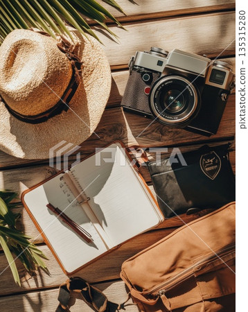 Flat Lay Arrangement of Travel Accessories Including a Straw Hat, Vintage Camera, Open Notebook, Pen, and Sunglasses on a Rustic Wooden Surface with Palm Fronds 135315280