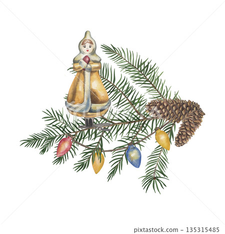 Watercolor Christmas illustration with a vintage glass Christmas tree toy, a girl in the Soviet style, on a fir branch. Pine cones, evergreen needles and colorful festive garlands in retro style Watercolor Christmas illustration with a vintage glass Christmas tree toy, a girl in the Soviet style, on a fir branch. Pine cones, evergreen needles and colorful festive garlands in retro style 135315485