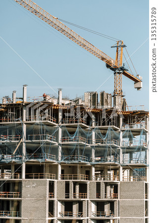 Construction of a building. Construction site with crane. Business, development, industry. 135315789