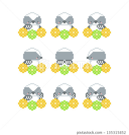 像素畫，描繪了黃色花朵和長尾山雀雛鳥。 135315852