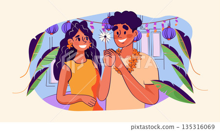 Couple celebrating tropical festival party holding sparkler festive decorations lanterns garlands palm leaves smiling characters colorful background 135316069