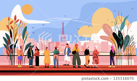 Tourists Paris Eiffel Tower cityscape diverse people urban skyline plants abstract shapes outdoor modern art 135316070