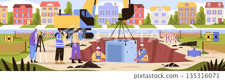 Construction workers civil engineering teamwork heavy machinery urban excavation site surveyors safety vests pipeline installation residential neighborhood Construction workers civil engineering teamwork heavy machinery urban excavation site surveyors safety vests pipeline installation residential neighborhood 135316071