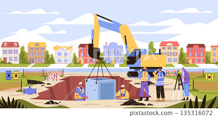 Construction workers excavator residential neighborhood infrastructure installation teamwork heavy machinery surveying safety equipment modern cityscape Construction workers excavator residential neighborhood infrastructure installation teamwork heavy machinery surveying safety equipment modern cityscape 135316072