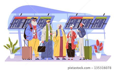 Active seniors group airport travel adventure elderly people waiting with luggage checking flight schedule colorful modern terminal plants digital artwork Active seniors group airport travel adventure elderly people waiting with luggage checking flight schedule colorful modern terminal plants digital artwork 135316078