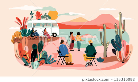 Travel group outdoor adventure nature landscape people relaxing by camper van near lake desert plants sunset mountains colorful flat design Travel group outdoor adventure nature landscape people relaxing by camper van near lake desert plants sunset mountains colorful flat design 135316098