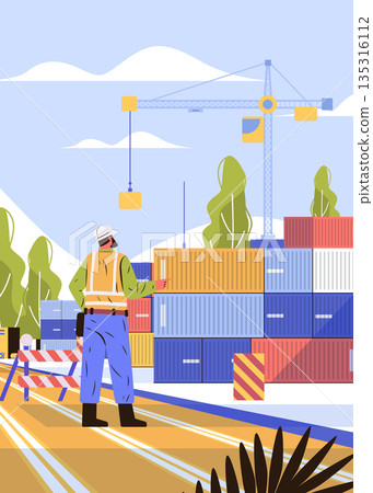 Construction worker crane operator shipping containers logistics site safety gear cargo yard colorful landscape modern flat design 135316112