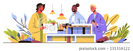 Architects teamwork modern building project collaboration people discussing blueprint holding model construction site plants lamps abstract background 135316122