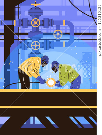 Welders industrial workers teamwork factory pipeline sparks machinery safety gear construction site modern workplace 135316123