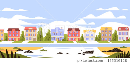 Colorful houses suburban neighborhood landscape river trees scenic nature background modern residential architecture exterior design 135316128