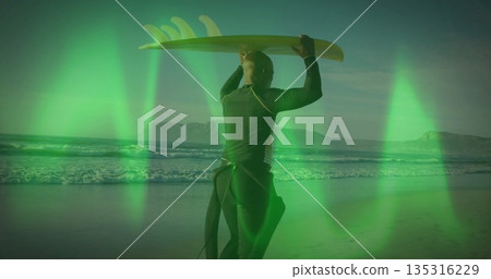 Holding yellow surfboard overhead, surfer in black wetsuit facing ocean at beach under green light Holding yellow surfboard overhead, surfer in black wetsuit facing ocean at beach under green light 135316229