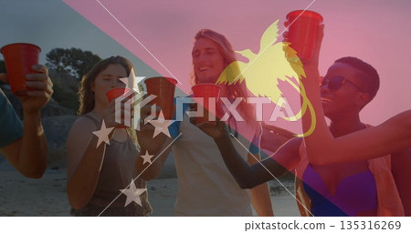 Raising red plastic cups, group of five friends clinking on sandy beach at sunset, with sunglasses Raising red plastic cups, group of five friends clinking on sandy beach at sunset, with sunglasses 135316269