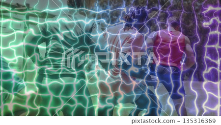 Running group of four adults wearing workout clothes along wooded trail, with neon grid overlay Running group of four adults wearing workout clothes along wooded trail, with neon grid overlay 135316369