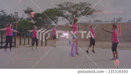 Women in pink tops and black leggings performing synchronized jumps at park, with parallel bars 135316393