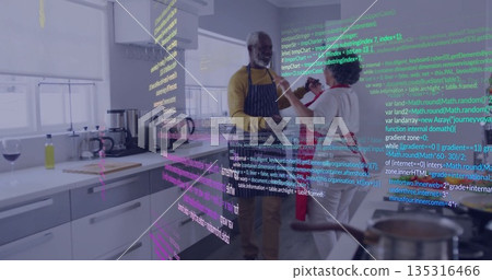 Dancing holding hands couple wearing aprons in kitchen with sink and faucet, code overlay Dancing holding hands couple wearing aprons in kitchen with sink and faucet, code overlay 135316466
