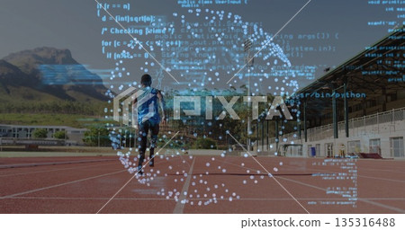 Teen athlete in sportswear running down center lane on track, with floating code overlay 135316488