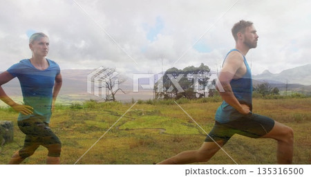 Man in tank top, shorts performing forward lunge at meadow with patterned leggings, copy space 135316500