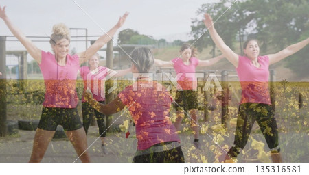 Performing jumping jacks six women wearing pink tops in outdoor gym, with metal fitness frame Performing jumping jacks six women wearing pink tops in outdoor gym, with metal fitness frame 135316581