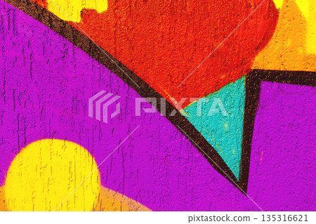 Abstract Red Yellow Purple Blue Geometric Wall Mural with Black Outlines, Modern 90s Street Art Abstract Red Yellow Purple Blue Geometric Wall Mural with Black Outlines, Modern 90s Street Art 135316621