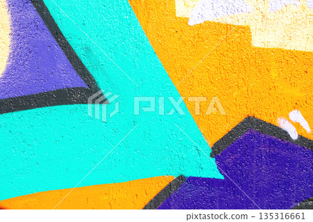 Abstract Geometric Street Art with Bright Turquoise, Orange and Purple Shapes in Urban 90s Style Abstract Geometric Street Art with Bright Turquoise, Orange and Purple Shapes in Urban 90s Style 135316661