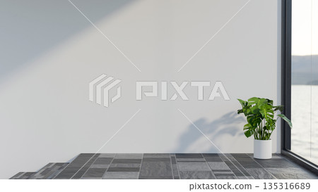 Plant in pot on stone tiles floor between the stairs and a glass door of modern house or building 135316689