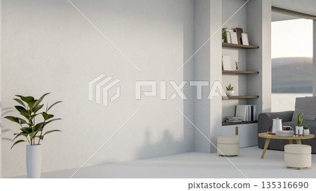 Pot plant on floor in white wall room with build in shelf and sofa set in a modern house or building Pot plant on floor in white wall room with build in shelf and sofa set in a modern house or building 135316690