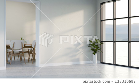 Window wall and plant on marble floor corridor to a dining room in modern house or office building. Window wall and plant on marble floor corridor to a dining room in modern house or office building. 135316692